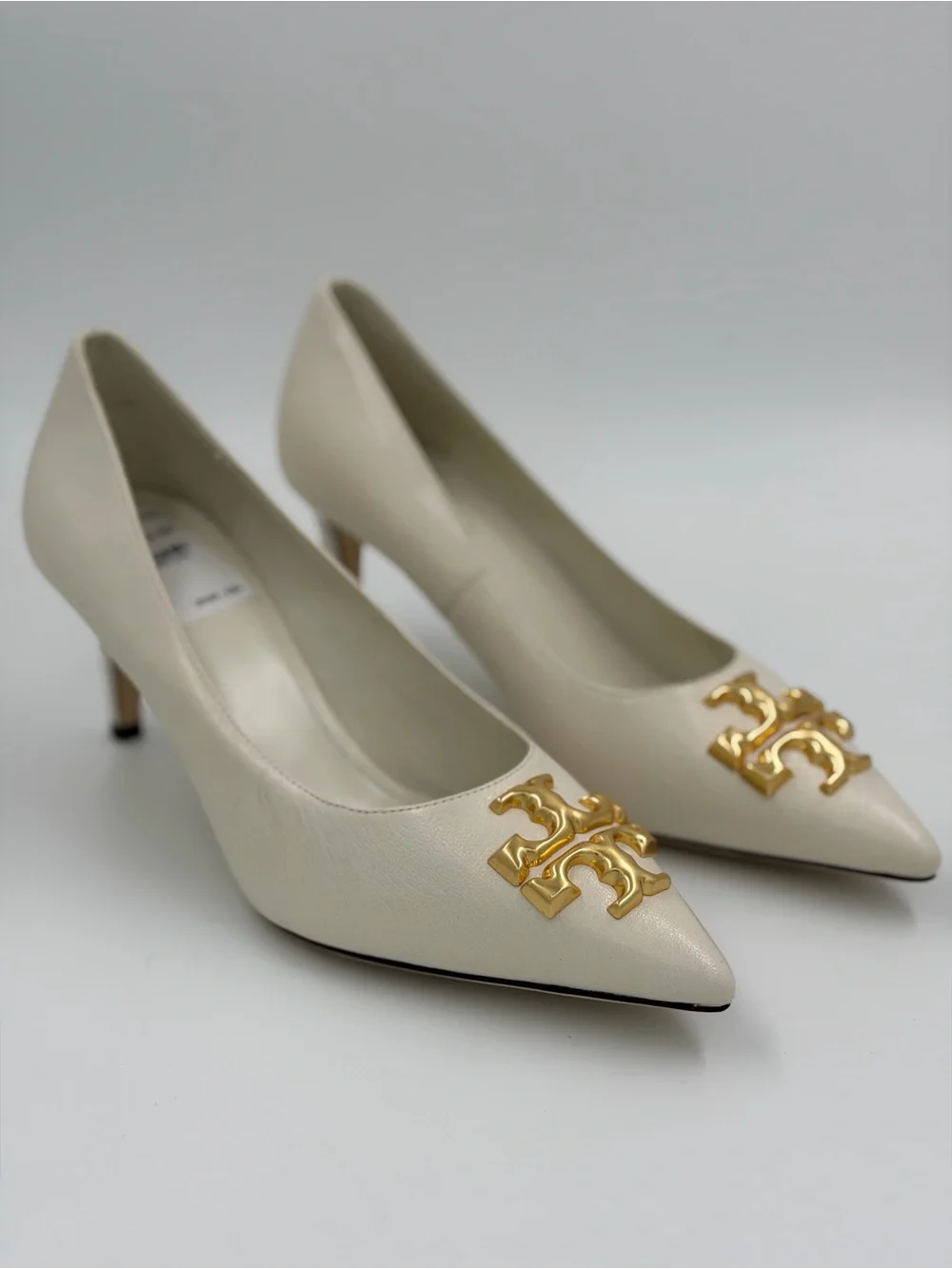 Tory Burch Ivory Pointed-Toe Logo Kitten Heel Pump